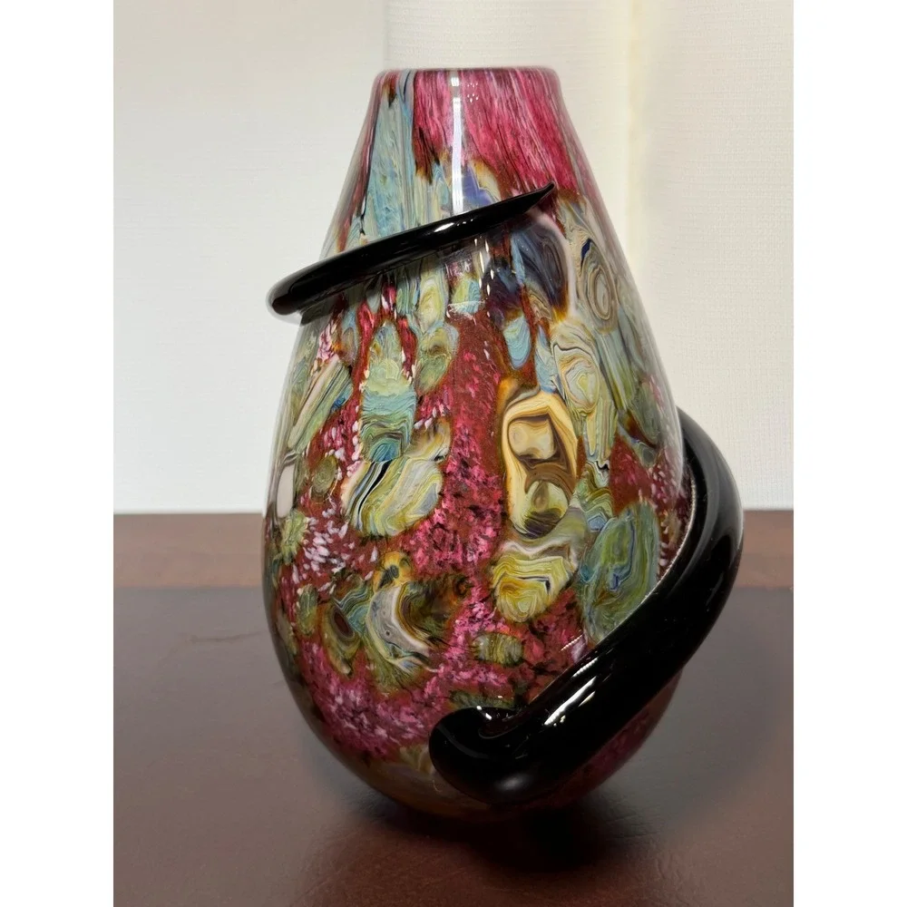 Robert Eickholdt 2000 Signed Studio Art Glass Vase Dichroic Black Wrap Sculpture